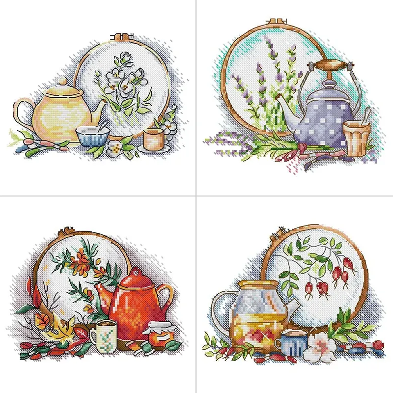 Tea Set and Embroidery Floral Pattern Cross Stitch Kits