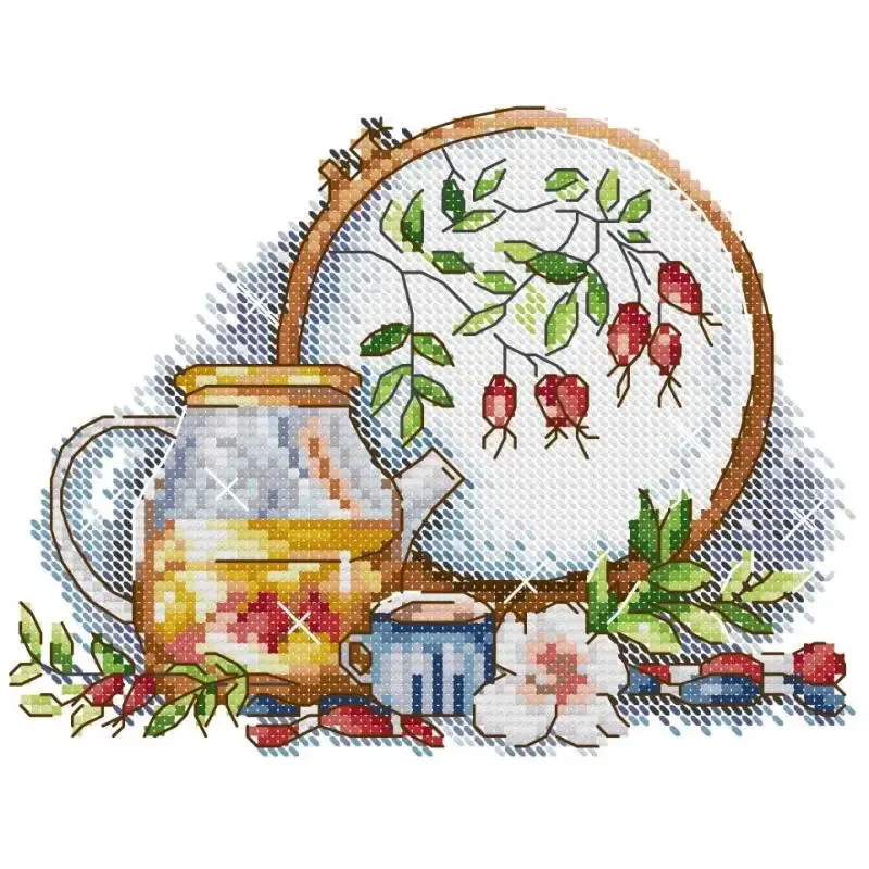 Tea Set and Embroidery Floral Pattern Cross Stitch Kits