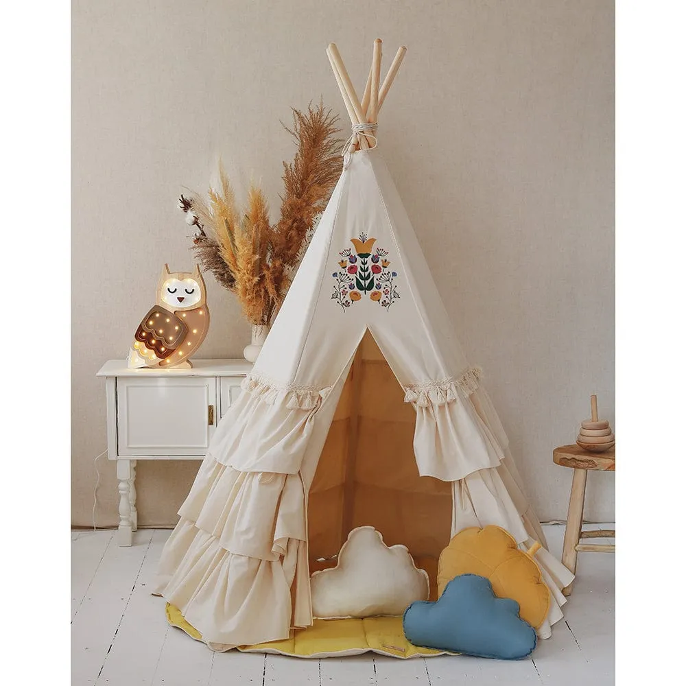 Teepee With Frills Folk - Beige With Colourful Embroidery