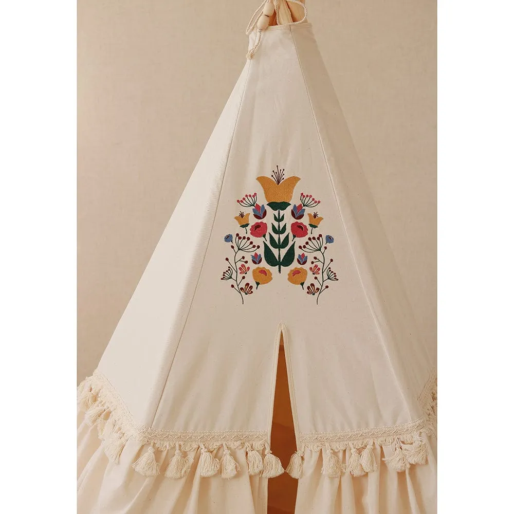 Teepee With Frills Folk - Beige With Colourful Embroidery