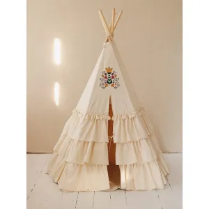 Teepee With Frills Folk - Beige With Colourful Embroidery