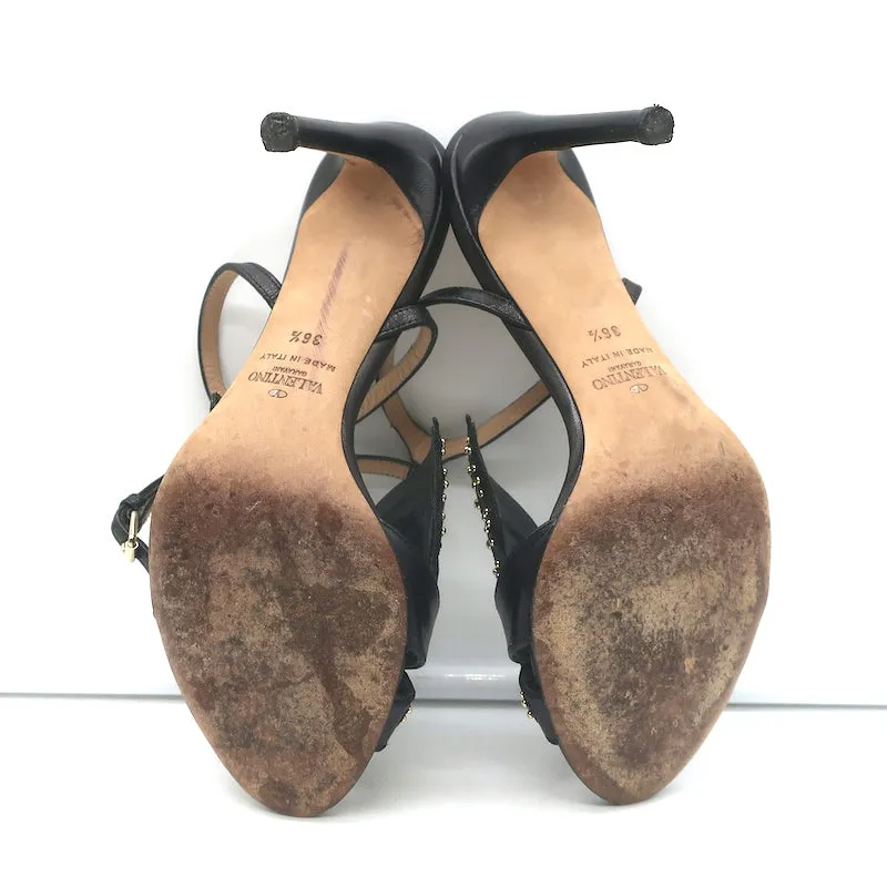 Valentino Studded Butterfly Sandals Black Leather Size 36.5 Ankle Strap Heels