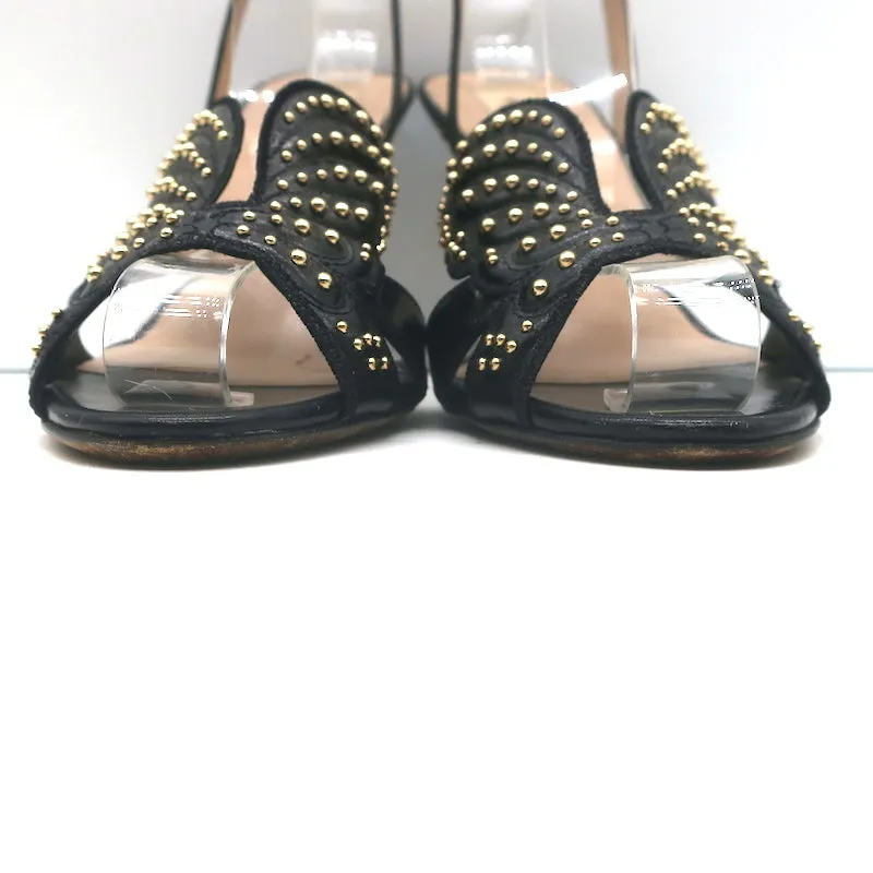 Valentino Studded Butterfly Sandals Black Leather Size 36.5 Ankle Strap Heels