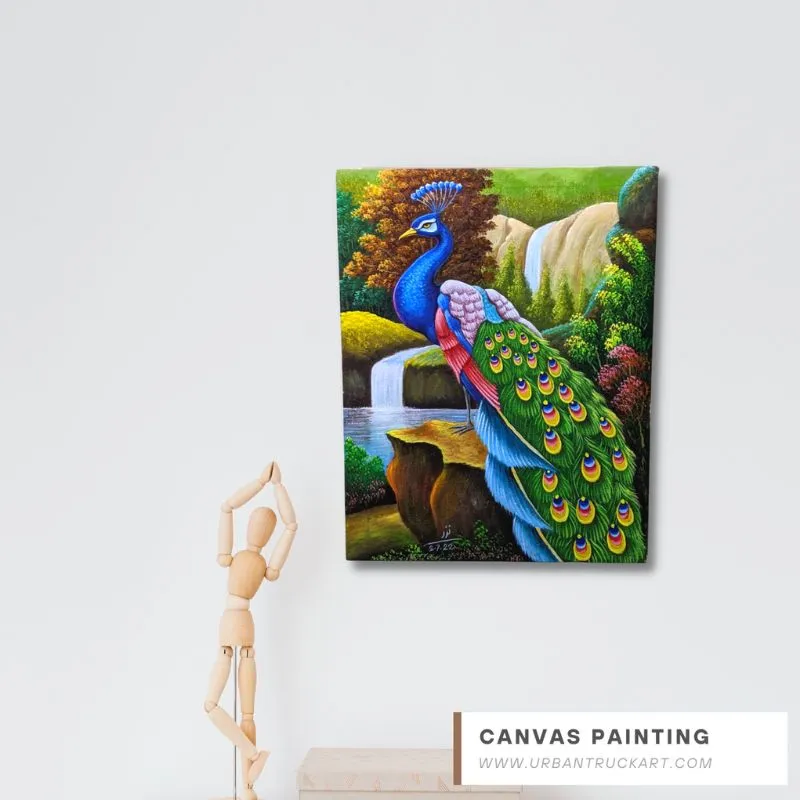 Waterfall Peacock Canvas Painting