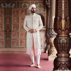 White and Pink Undertone Embroidered Sherwani
