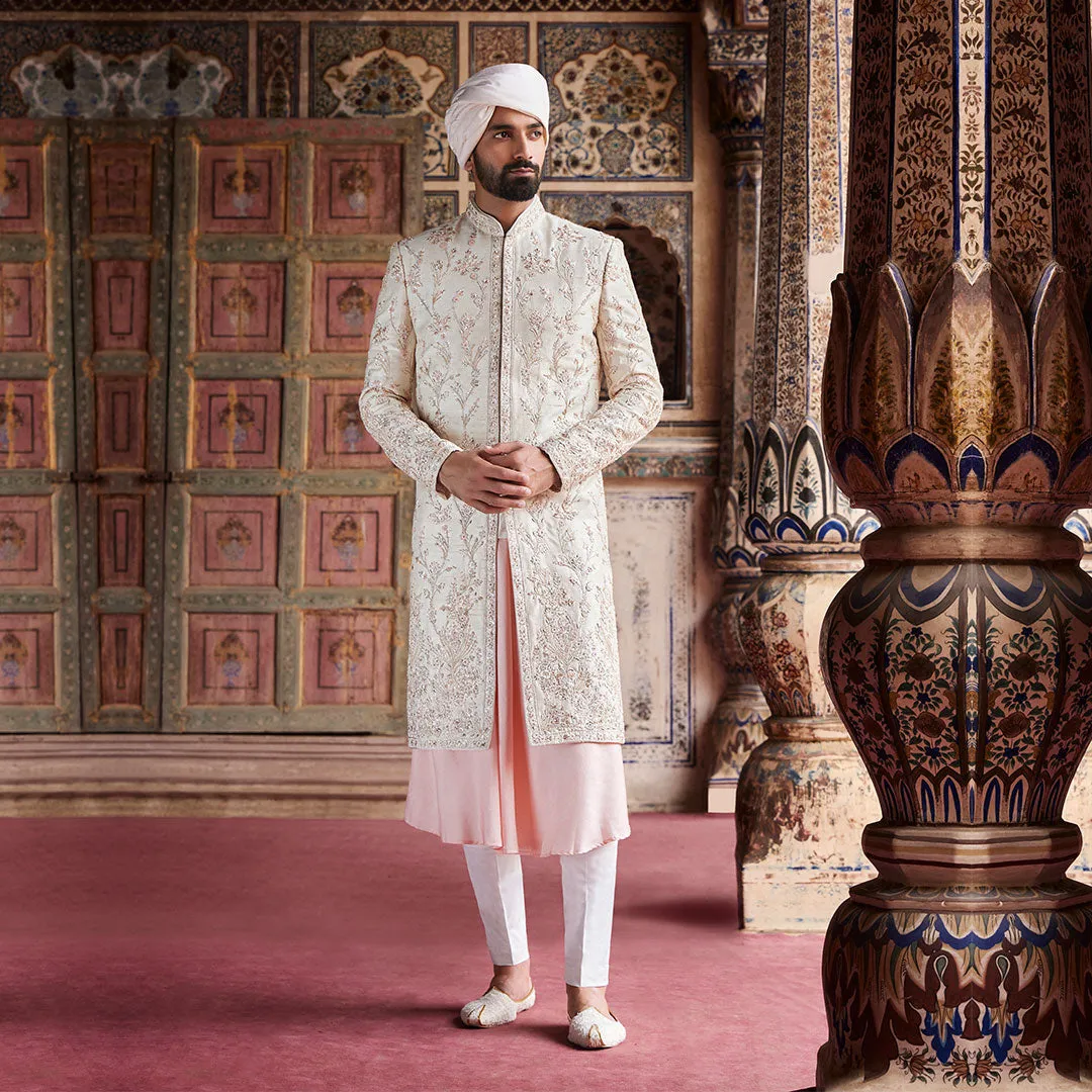 White and Pink Undertone Embroidered Sherwani