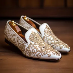 White Velvet Embroidery Work Peshawari Loafers | Wedding Shoes for Groom | Shoes for Haldi Mehendi Sangeet
