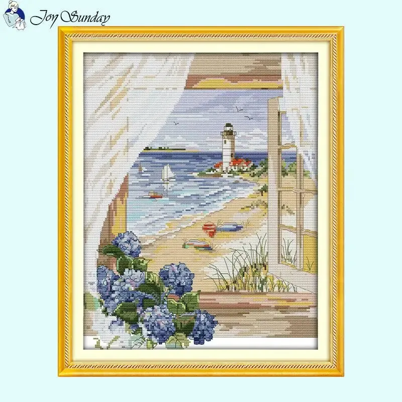 Window Seascape Printed Cross Stitch Embroidery Kit