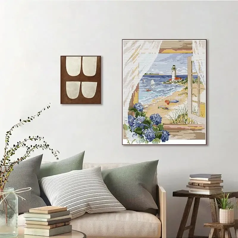 Window Seascape Printed Cross Stitch Embroidery Kit