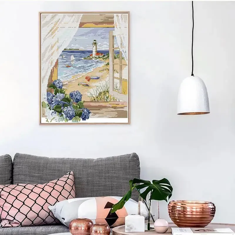 Window Seascape Printed Cross Stitch Embroidery Kit