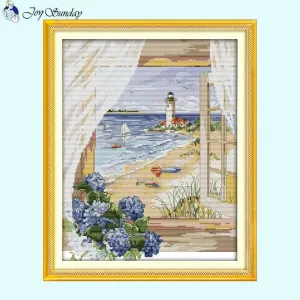 Window Seascape Printed Cross Stitch Embroidery Kit