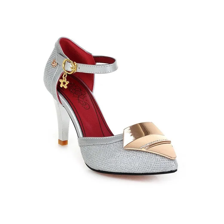 Women's Metal Decor Buckle Strap Pointed Toe Stiletto Heels Sandals