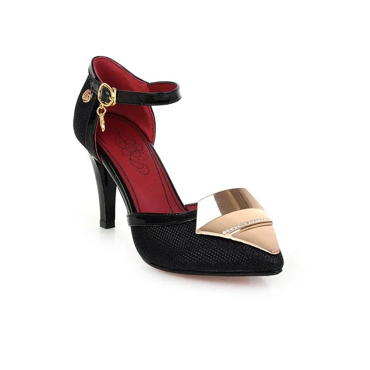 Women's Metal Decor Buckle Strap Pointed Toe Stiletto Heels Sandals