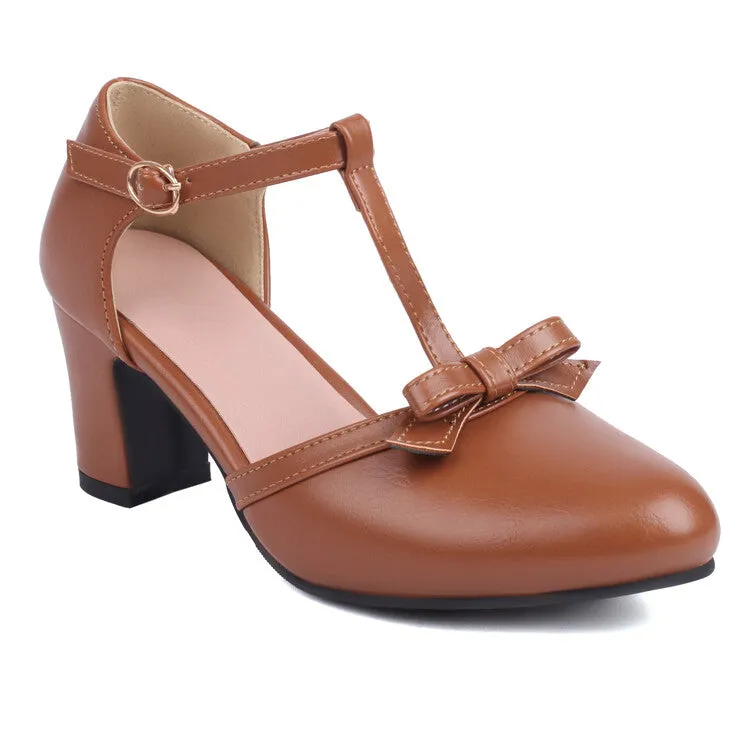 Women's Pointed Toe T Strap Bow Tie Block Heel Sandals