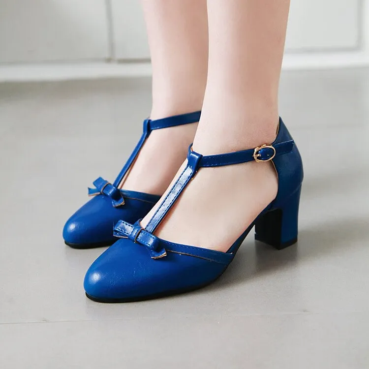 Women's Pointed Toe T Strap Bow Tie Block Heel Sandals