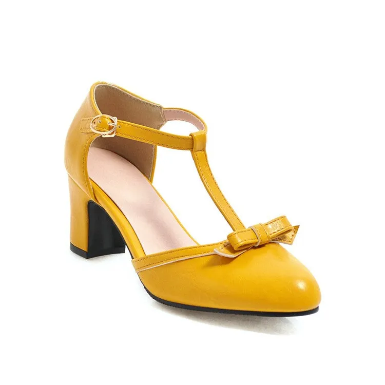 Women's Pointed Toe T Strap Bow Tie Block Heel Sandals