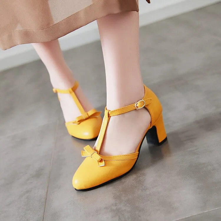 Women's Pointed Toe T Strap Bow Tie Block Heel Sandals
