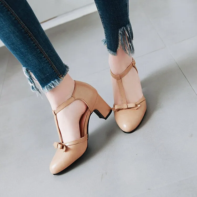 Women's Pointed Toe T Strap Bow Tie Block Heel Sandals