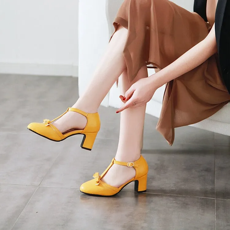 Women's Pointed Toe T Strap Bow Tie Block Heel Sandals