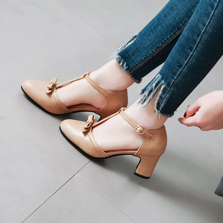 Women's Pointed Toe T Strap Bow Tie Block Heel Sandals