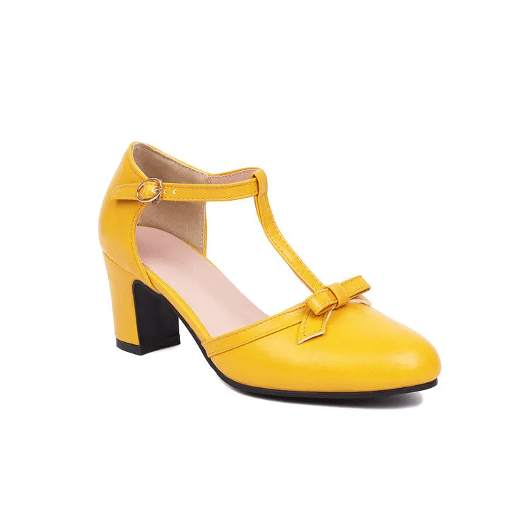 Women's Pointed Toe T Strap Bow Tie Block Heel Sandals