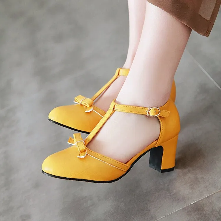 Women's Pointed Toe T Strap Bow Tie Block Heel Sandals