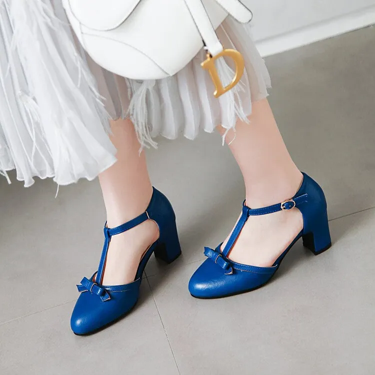 Women's Pointed Toe T Strap Bow Tie Block Heel Sandals