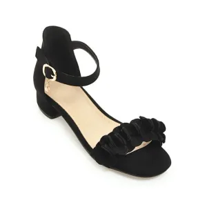 Women's Solid Color Pleated Ankle Strap Hollow Out Low Block Heels Sandals