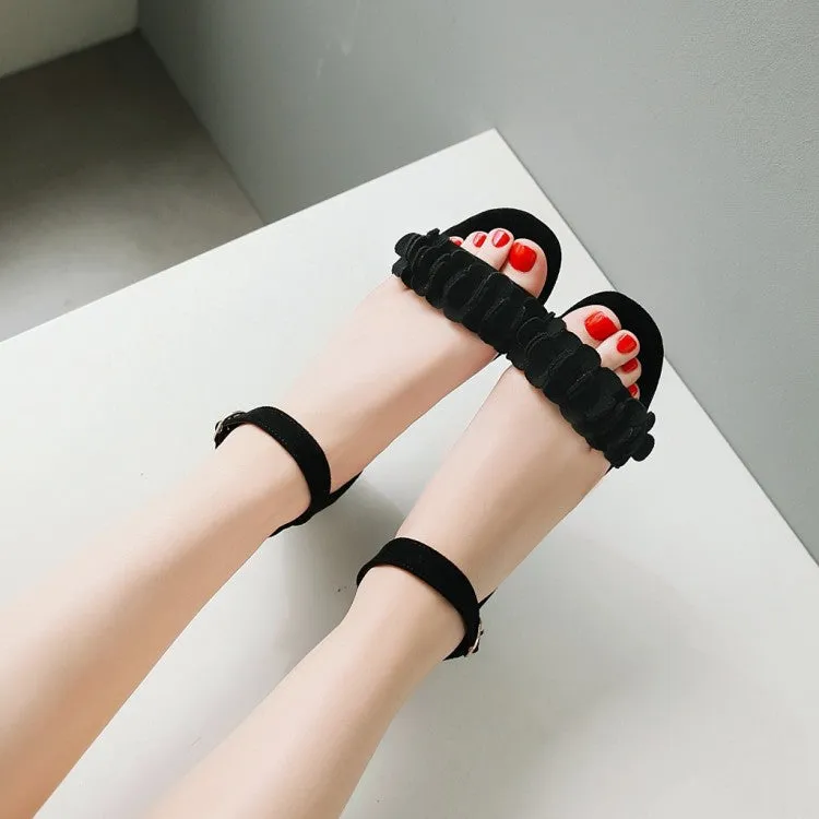 Women's Solid Color Pleated Ankle Strap Hollow Out Low Block Heels Sandals
