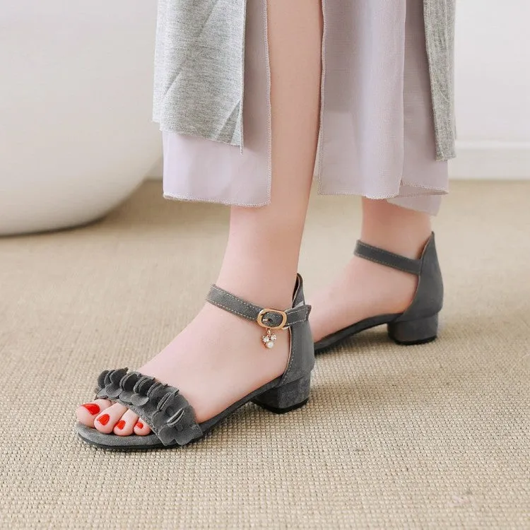 Women's Solid Color Pleated Ankle Strap Hollow Out Low Block Heels Sandals