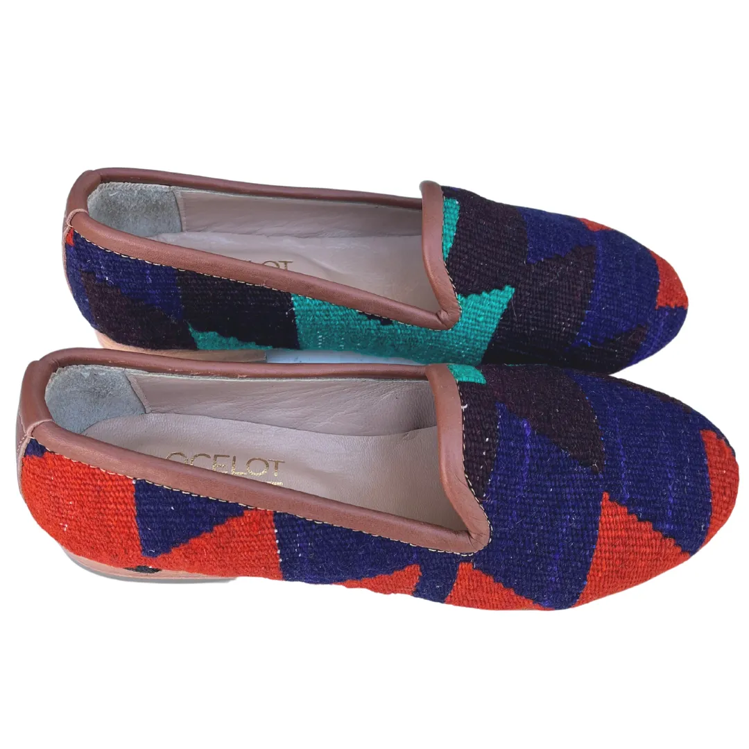 Women's Turkish Kilim Loafers Blue & Black Zig Zag