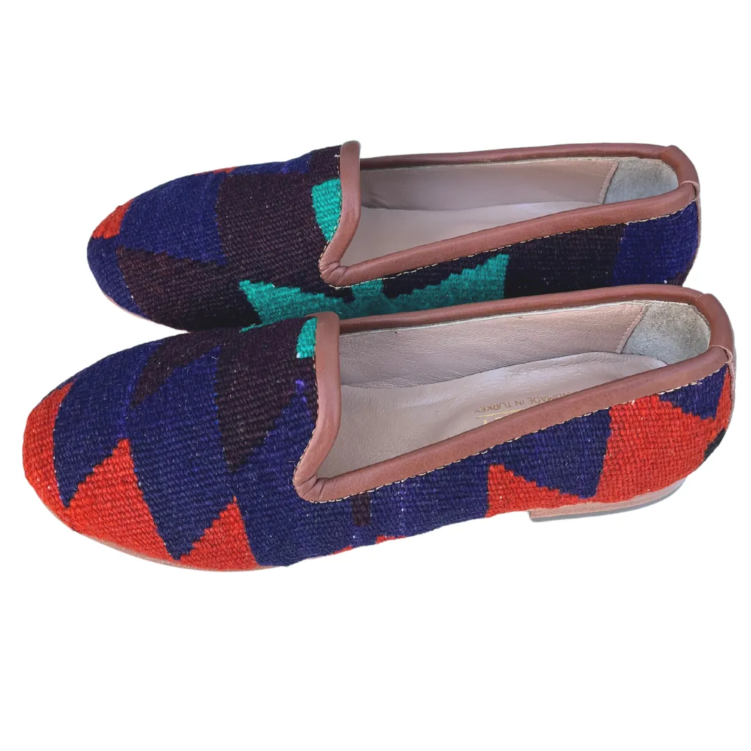 Women's Turkish Kilim Loafers Blue & Black Zig Zag