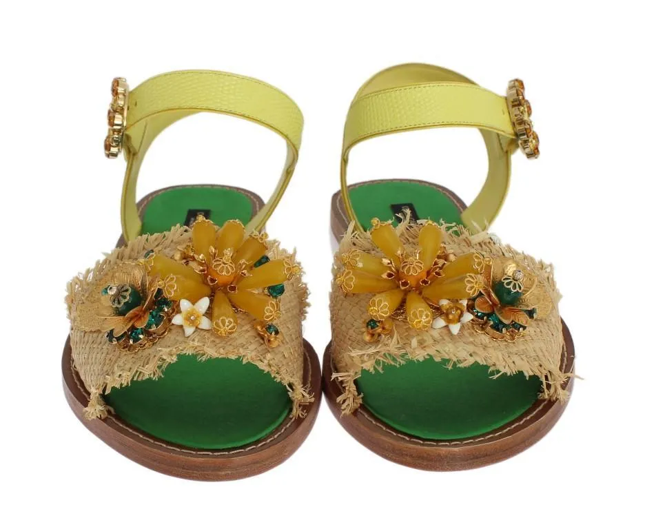 Yellow Leather Crystal Paglia Sandals