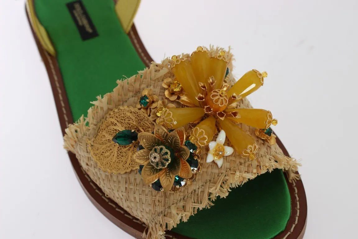 Yellow Leather Crystal Paglia Sandals