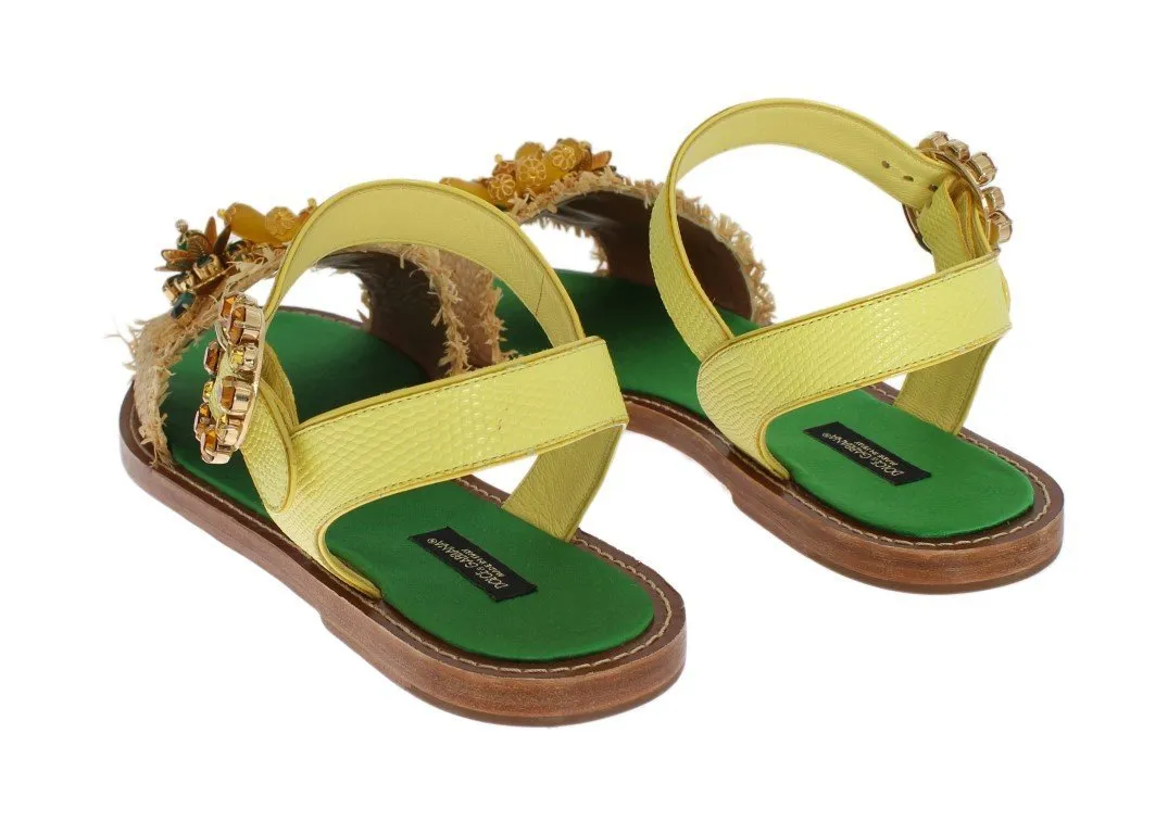 Yellow Leather Crystal Paglia Sandals