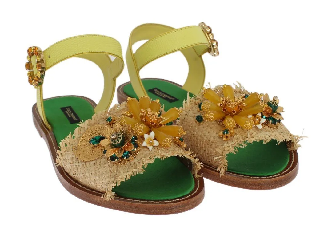 Yellow Leather Crystal Paglia Sandals