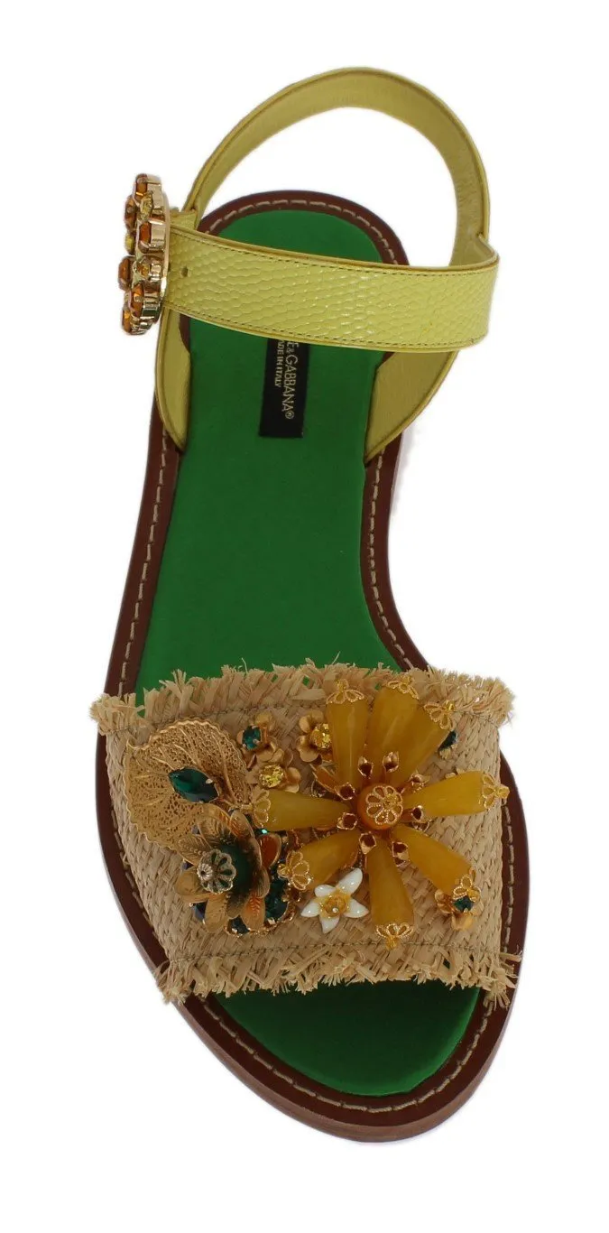 Yellow Leather Crystal Paglia Sandals